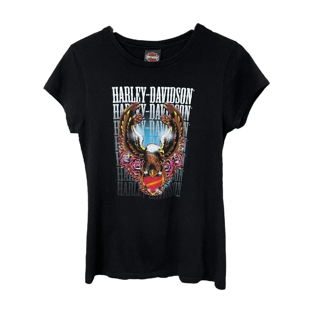 Harley Davidson Y2K Graphic Tee XL Fitted Biker Babe Eagle Heart Black Shirt - Picture 1 of 5